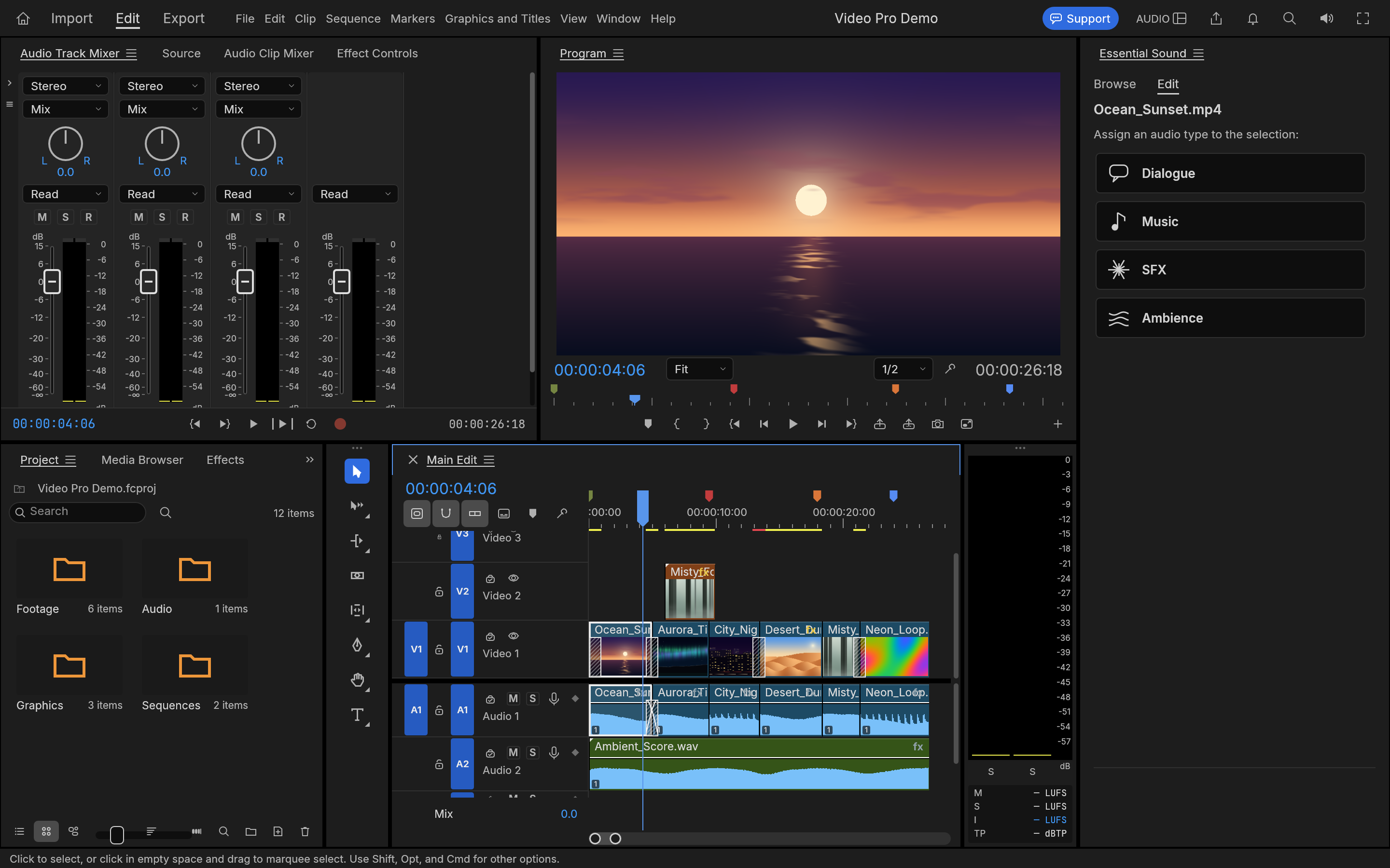 Video Pro Audio workspace with audio mixers, preview monitors, timeline and Essential Sound controls.