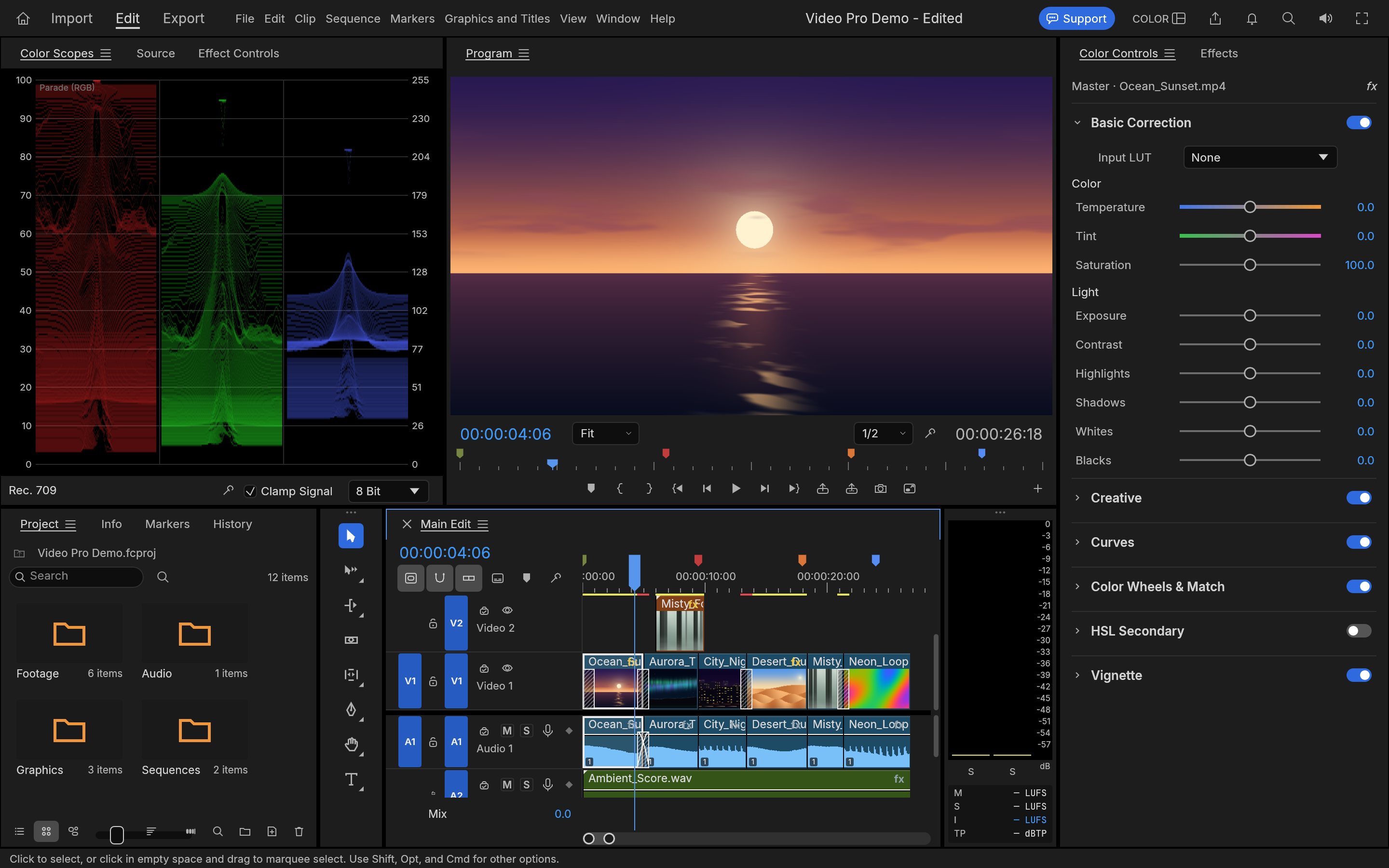 Video Pro Color workspace with video scopes, a sunset preview and color correction controls.
