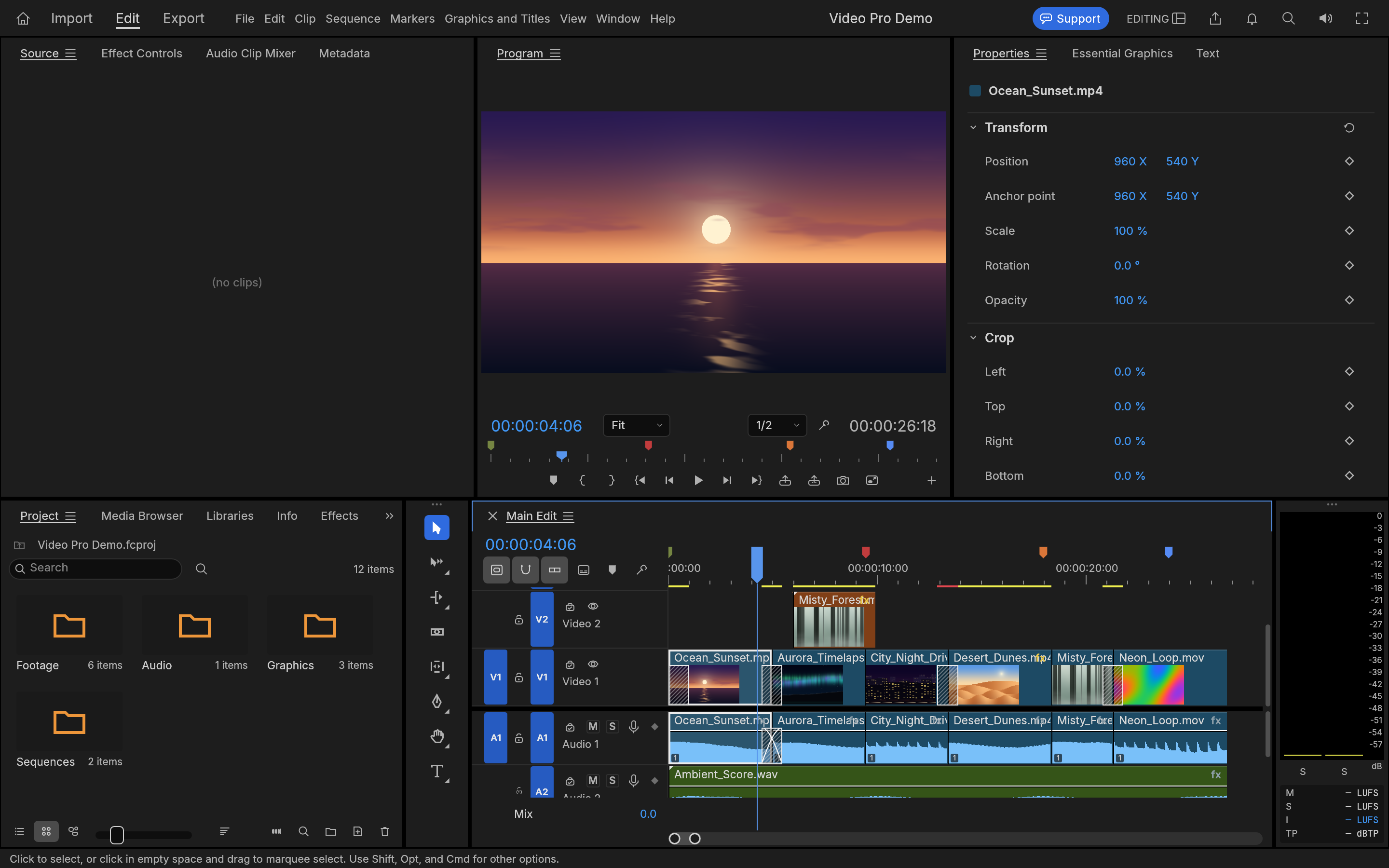 Video Pro’s editing workspace: sunset footage in the preview, media bins, clip controls and a multitrack video and audio timeline.